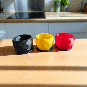 mini desk pot trio – black, red & yellow (3d printed set with trays)