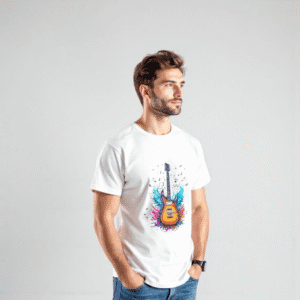 white t shirt with colorful guitar design