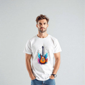 clothing white t shirt with colorful guitar design