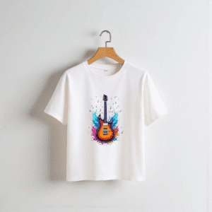 white t shirt with colorful guitar design